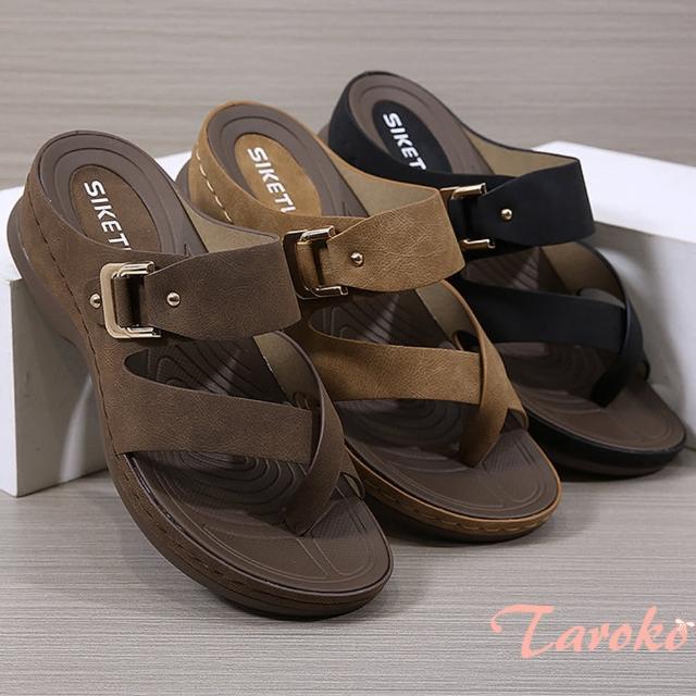 【Taroko】金屬皮扣磨砂皮革坡跟拖鞋(3色可選)