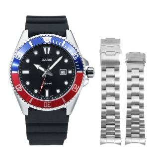 【CASIO 卡西歐】黑面 紅藍框 新槍魚 200米潛水錶 水鬼 黑色矽膠錶帶 男錶(MDV-107-1A3)