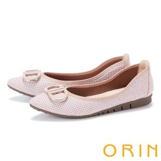 【ORIN】造型飾釦千鳥格紋布尖頭平底鞋(粉紅)