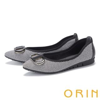 【ORIN】造型飾釦千鳥格紋布尖頭平底鞋(黑色)