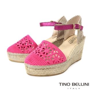 【TINO BELLINI 貝里尼】西班牙進口鏤空布面草編楔形涼鞋FSPV008(桃紅)