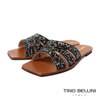 【TINO BELLINI 貝里尼】巴西進口全真皮閃鑽平底涼拖鞋FSQT008(黑色)