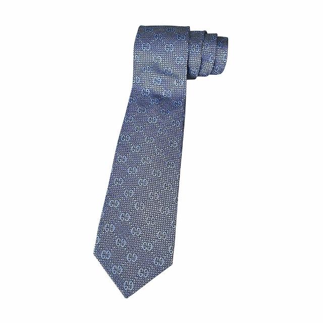 【GUCCI 古馳】GUCCI雙G LOGO桑蠶絲緹花設計領帶(深藍)