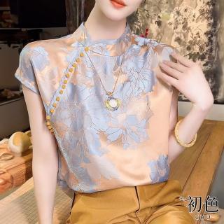 【初色】復古中國風山茶花印花短袖寬鬆襯衫上衣-香檳色-32931(M-2XL可選)
