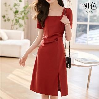 【初色】純色方領短袖褶皺收腰開衩連身裙洋裝長洋裝-紅色-33446(M-2XL可選)