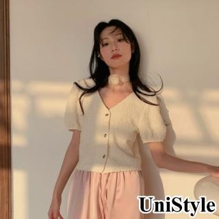 【UniStyle】V領短袖上衣 韓版復古肌理感蕾絲襯衫 女 EAN918A(淺杏)