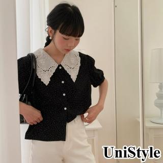 【UniStyle】娃娃領短袖襯衫 韓版髮式復古蕾絲上衣 女 EAY1348F(經典黑)