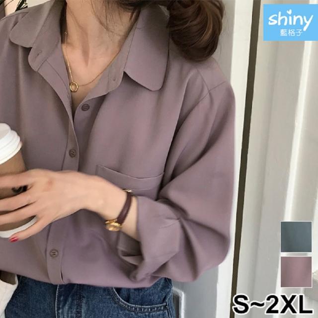 【Shiny 藍格子】純色翻領垂感緞面長袖襯衫 V3639 現+預(女裝 雪紡)