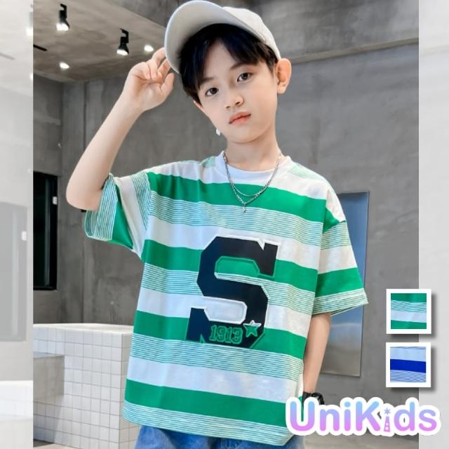 【UniKids】中大童裝條紋短袖T恤 男大童裝 CVTX22160(綠 藍)