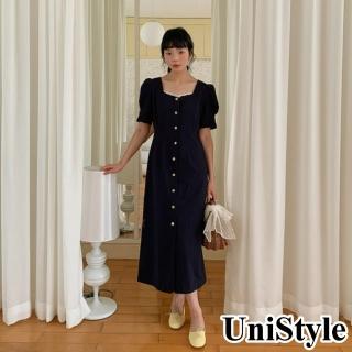 【UniStyle】方領短袖洋裝 韓版復古單排釦連身裙 女 EAY4383F(靜謐藍)