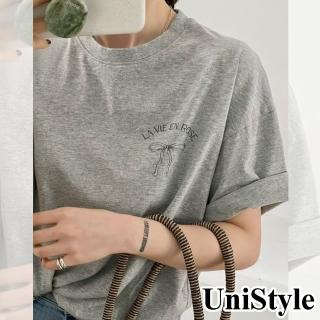【UniStyle】短袖T恤 韓版蝴蝶結印花清新風 女 UP1628(花灰)