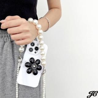 【JC Collection】輕奢華麗大花朵造型手機背夾珍珠背繩可調節適用於大部分手機(黑、白、杏)