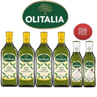 【Olitalia 奧利塔】純橄欖油1000mlx4瓶(+特級初榨橄欖油250mlx2瓶-禮盒組)