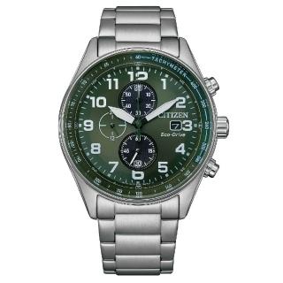 【CITIZEN 星辰】CHRONOGRAPH 光動能碼錶計時鋼帶時尚腕錶 綠面 43mm(CA0770-72X)