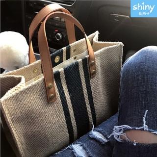 【Shiny 藍格子】簡約創意條紋帆布手提袋包 P668 現+預(女包)