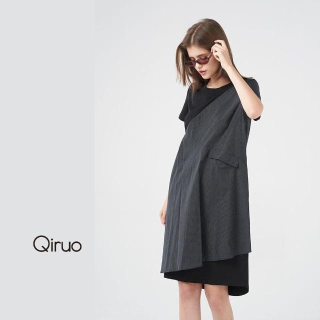 【Qiruo 奇若名品】春夏專櫃黑色洋裝2109F 雙布料拼接設計(雙布料拼)
