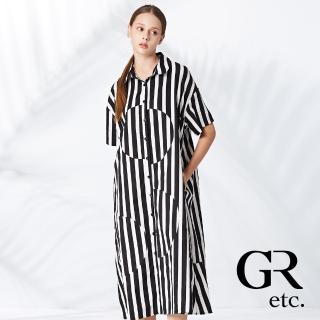 【GLORY21】品牌魅力款-etc.經典條紋開襟翻領短袖洋裝(黑色)