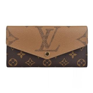 【Louis Vuitton 路易威登】LV M80726 字母印花LOGO Monogram Reverse Giant帆布12卡釦式長夾(咖啡x淺咖啡)