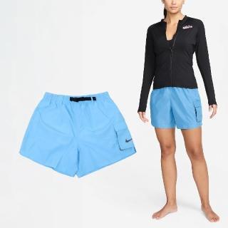 【NIKE 耐吉】短褲 Voyage Cover-Up 女款 藍 黑 Swim 泳裝 泳褲 可條腰帶 拉鍊口袋 游泳(NESSE321-486)