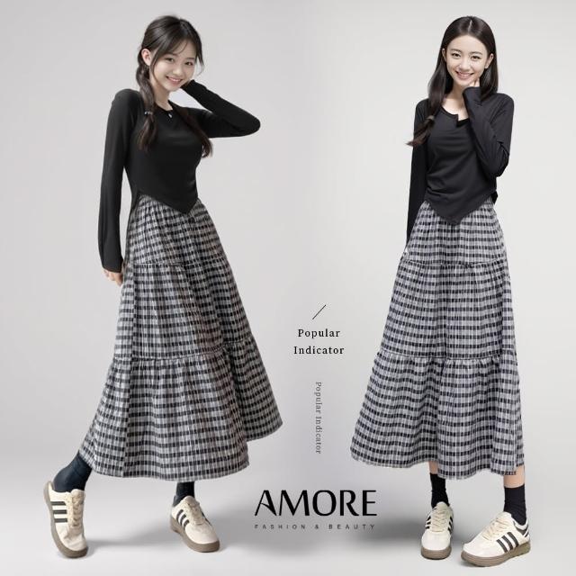 【Amore】日韓格紋舒適氣質長裙(氣質百搭輕飄長裙)
