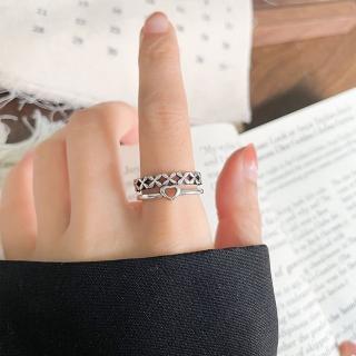 【SUMMER一夏】韓國設計S925純銀雙層編織縷空小愛心開口戒指食指尾戒潮流戒指(ins韓風)