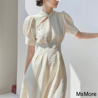 【MsMore】中式改良白色旗袍年輕款立領收腰顯瘦短袖A字連身裙長版洋裝#121372(白)