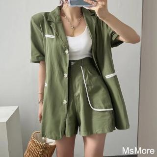 【MsMore】韓國時尚西裝短褲亞麻感休閒薄款顯瘦短袖外套兩件式套裝#121342(白/綠)