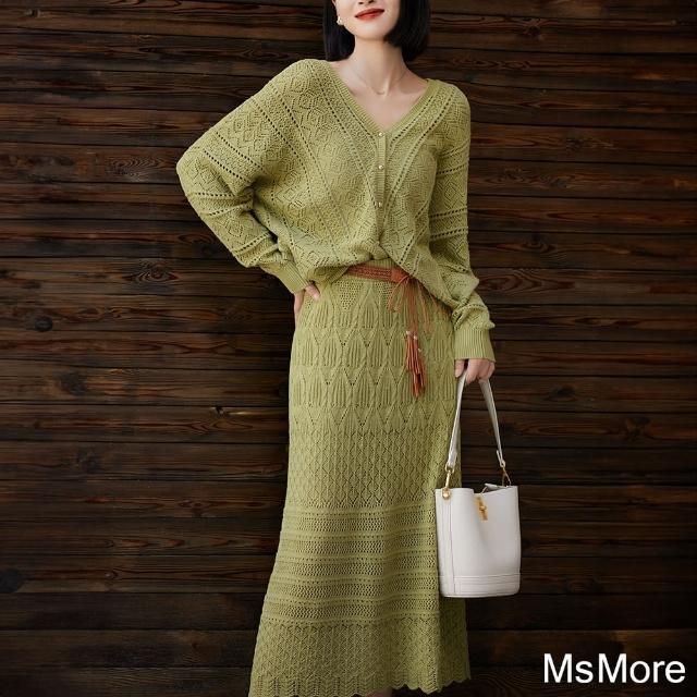 【MsMore】V領針織長袖開衫+鬆緊腰半長裙休閒2件式套裝#121370(杏/綠)