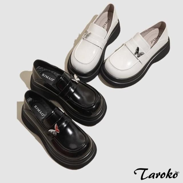 【Taroko】優雅蝴蝶金屬漆亮皮粗跟樂福鞋(2色可選)
