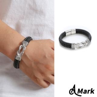 【A MARK】白鋼手鍊 皮革手鍊/潮流8字結飾車線皮革白鋼手鍊 手環(2色任選)
