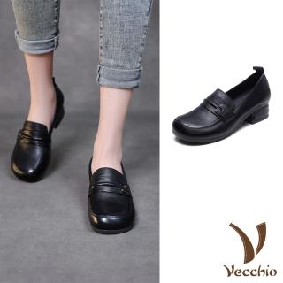 【Vecchio】真皮跟鞋 粗跟跟鞋/全真皮頭層牛皮典雅釦飾時尚百搭粗跟鞋(黑)