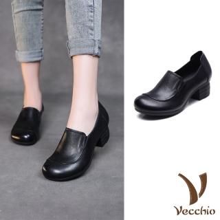 【Vecchio】真皮跟鞋 中跟跟鞋/全真皮頭層牛皮復古純色圓頭百搭典雅中跟鞋(黑)