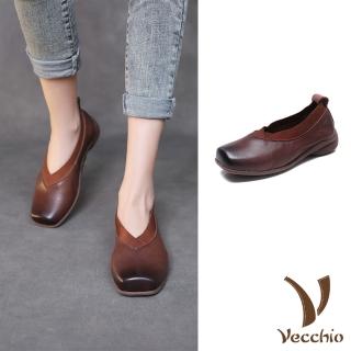 【Vecchio】真皮跟鞋 方頭跟鞋/全真皮頭層牛皮方頭V口復古跟鞋 休閒鞋 便鞋(棕)