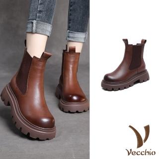 【Vecchio】真皮煙筒靴 厚底煙筒靴/真皮頭層牛皮手工復古厚底切爾西煙筒靴(棕)