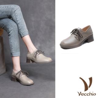 【Vecchio】真皮跟鞋 粗跟跟鞋/全真皮羊皮兩穿法設計小方頭繫帶粗跟鞋(米)
