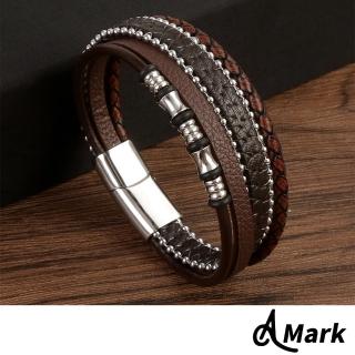 【A MARK】白鋼手環 編織手環/多層次編織皮革珠鍊串飾造型白鋼手環(2色任選)
