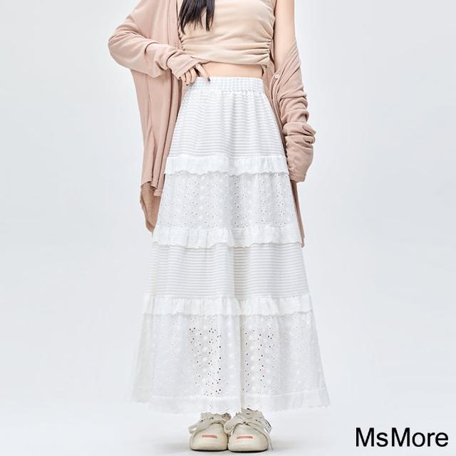 【MsMore】白色半身裙高腰A字裙蛋糕溫柔風長裙設計感鉤花裙#121337(白)