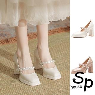 【Sp house】珍珠麻花一字扣方頭漆皮復古粗高跟鞋(2色可選)