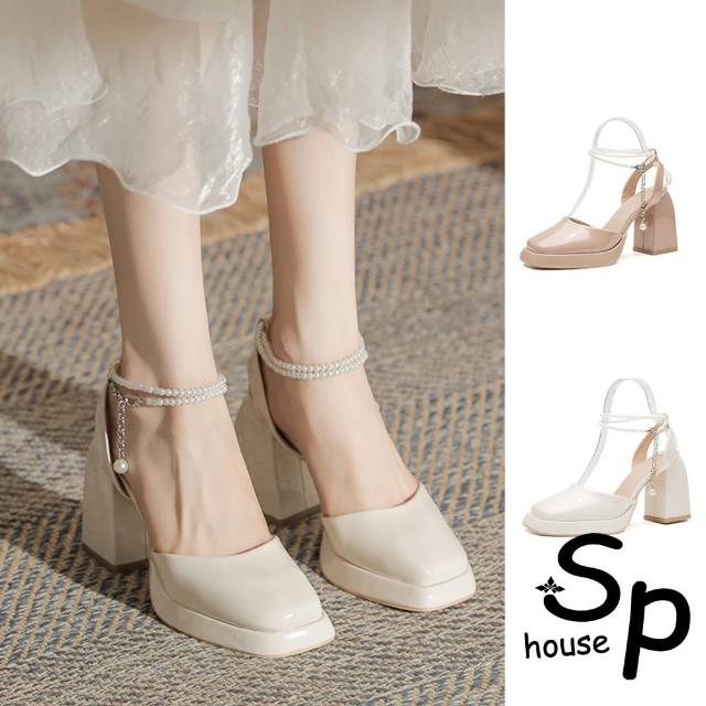 【Sp house】珍珠淑女方頭漆皮復古粗跟涼鞋(3色可選)