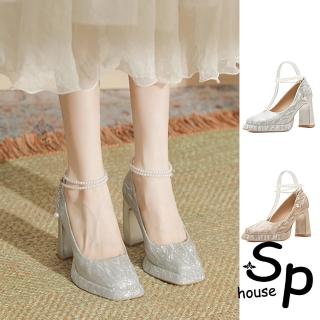 【Sp house】高雅白珍珠繞腳絲光方頭粗高跟鞋(2色可選)