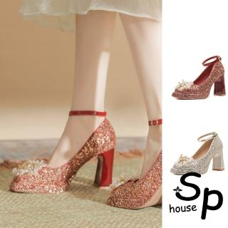 【Sp house】水晶花漾立體方頭亮片粗高跟鞋(2色可選)