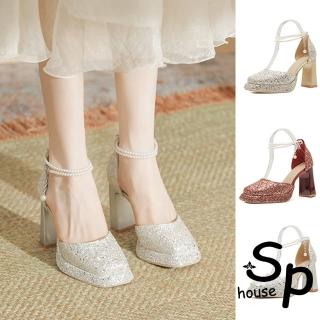 【Sp house】華麗亮片珍珠繞腳方頭中空高跟鞋(3色可選)