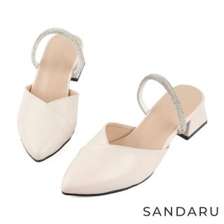【SANDARU 山打努】穆勒鞋 尖頭壓褶水鑽線條低跟拖鞋(米)