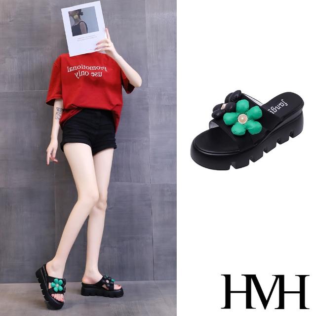 【HMH】坡跟拖鞋 撞色拖鞋/立體撞色花朵造型坡跟拖鞋(黑)