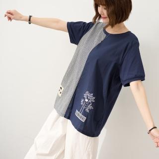 【JILLI-KO】慢生活-棉質格紋拼接貼布刺繡寬版T恤-F(藍/黑)