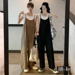 【JILLI-KO】日系棉麻寬鬆顯瘦背帶闊腿連身褲-F(卡/黑)