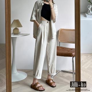 【JILLI-KO】薄款寬鬆顯瘦休閒工裝直筒蘿蔔九分褲-L/XL(白)