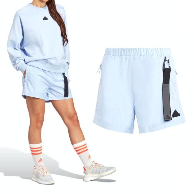 【adidas 愛迪達】W C ESC Short 女款 寶寶藍色 運動 休閒 高腰 舒適 拉鍊口袋 戶外風 短褲 IC0260