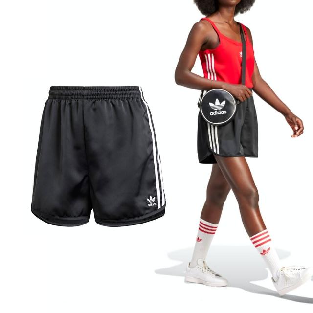 【adidas 愛迪達】Sprint Shorts 女款 黑色 寬鬆 綁帶 緞面 運動 休閒 短褲 IU2528