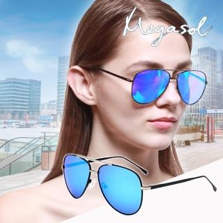 【MEGASOL】精緻細框雅痞款UV400偏光太陽眼鏡(高質感金屬純手工鏡架8886-BB黑框藍片)